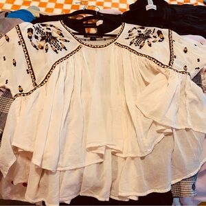French Connection Cream Peasant Blouse with Navy & Gold Embroidery sheer flowy
